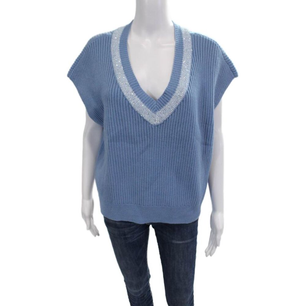Designer Women Pullover Vest V-Neck Short Sleeve Blue Viscose Size L